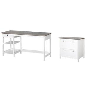 Pemberly Row Set of 2 59&quot Writing Desk & Lateral File Cabinet in White/Gray Oak