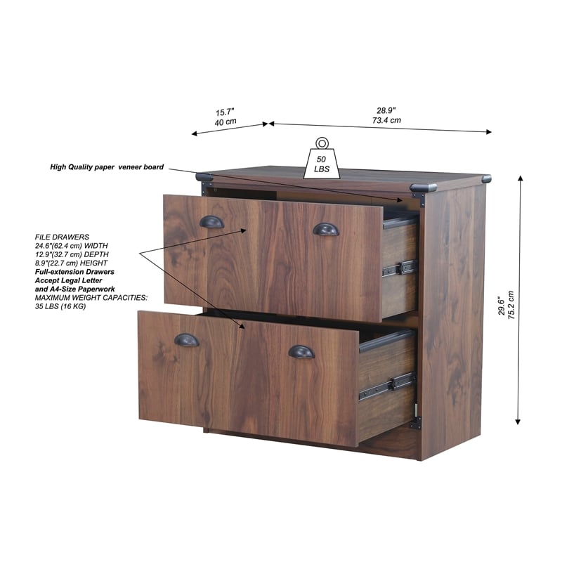 Pemberly Row Set of 2 Wood Lateral Filing Cabinet & Executive Desk - Dark Walnut