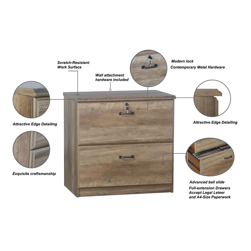 Pemberly Row Set of 2 Lateral Filing Cabinet & Executive Desk in Rustic Oak