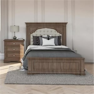 Pemberly Row Set of 2 Gray Wood Upholstered Panel King Bed & Nightstand