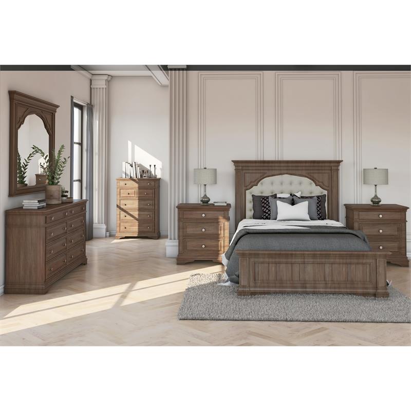 Pemberly Row Set of 3 Gray Wood Upholstered Panel Queen Bed & 2 Nightstands