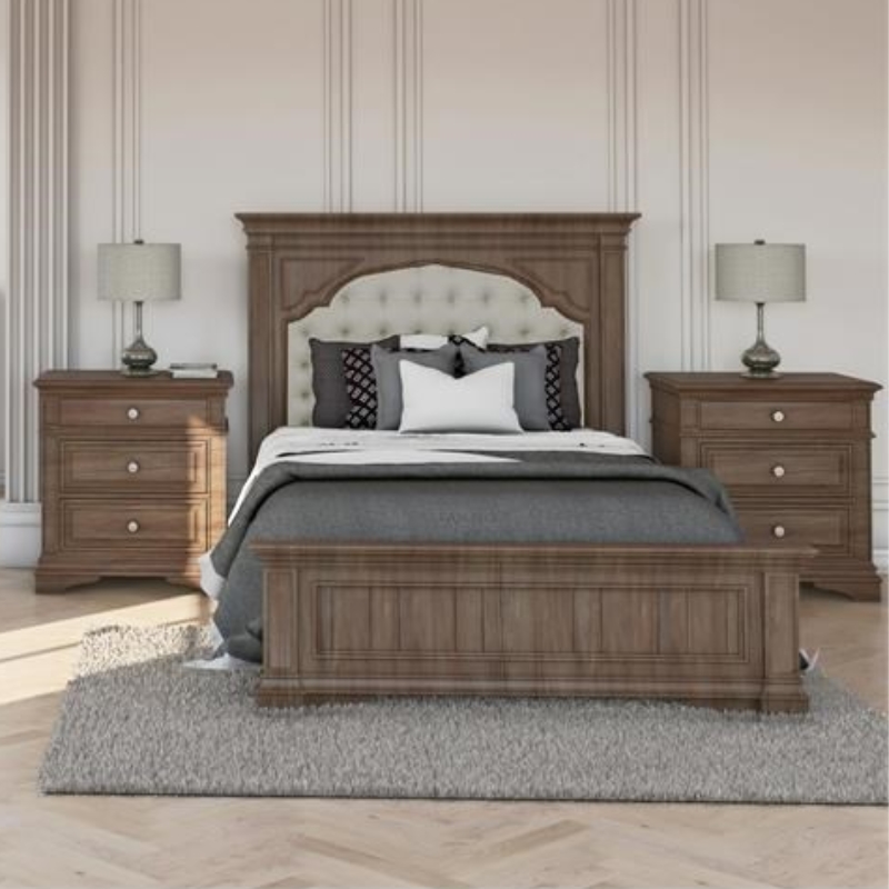 Pemberly Row Set of 3 Gray Wood Upholstered Panel Queen Bed & 2 Nightstands