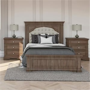 Pemberly Row Set of 3 Gray Wood Upholstered Panel Queen Bed & 2 Nightstands