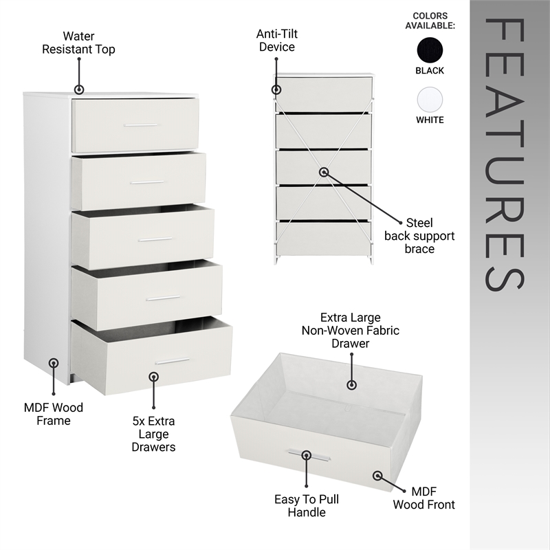 Pemberly Row Set of 2 5-Drawer & 6-Drawer Dressers in White