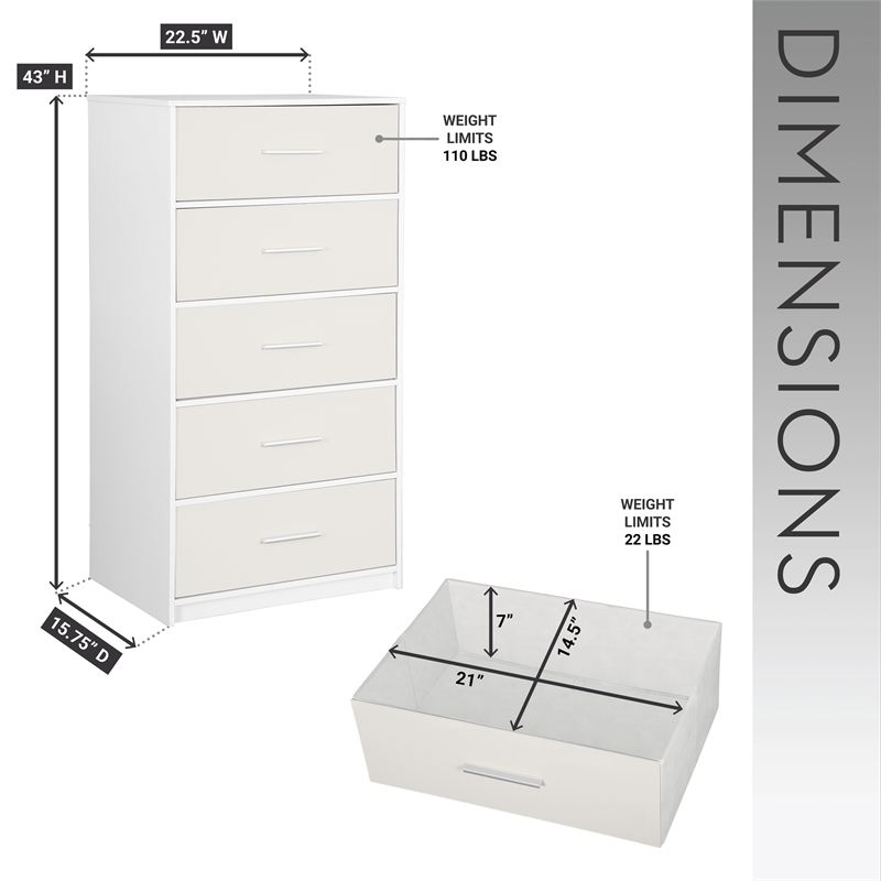 Pemberly Row Set of 2 5-Drawer & 6-Drawer Dressers in White