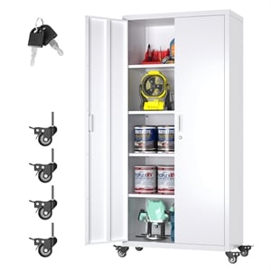 Pemberly Row 72&quot Metal White Storage Cabinet with Wheels for Garage & Warehouse