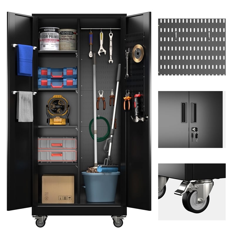 Pemberly Row Metal Broom Closet Storage Cabinet in Black