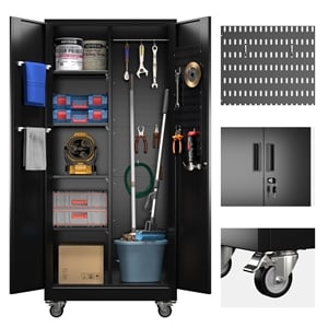 Pemberly Row Metal Broom Closet Storage Cabinet in Black