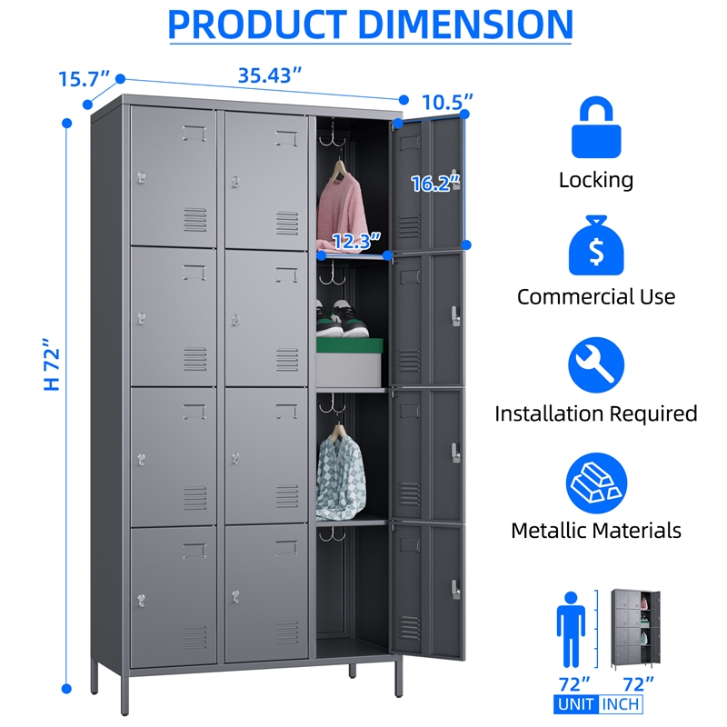 Pemberly Row Metal 12 Door lockers for Multi-purpose Use in Dark Grey