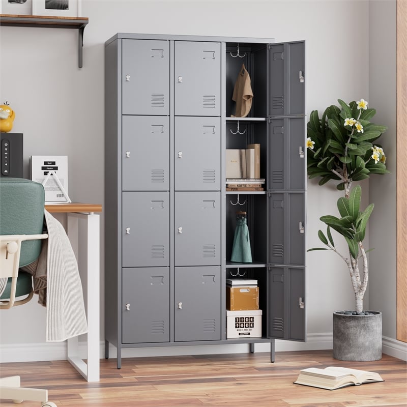 Pemberly Row Metal 12 Door lockers for Multi-purpose Use in Dark Grey