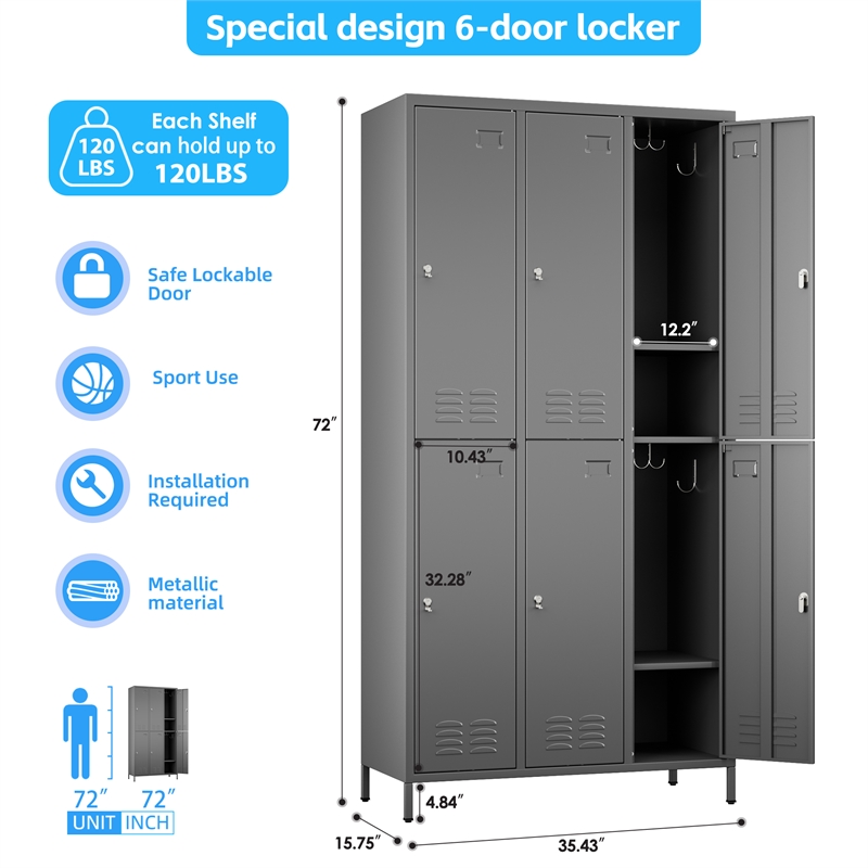 Pemberly Row Metal 6 Door Lockers for Multi-purpose Use in Dark Gray