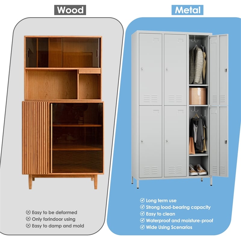 Pemberly Row Metal 6 Door Lockers for Multi-purpose Use in Light Gray