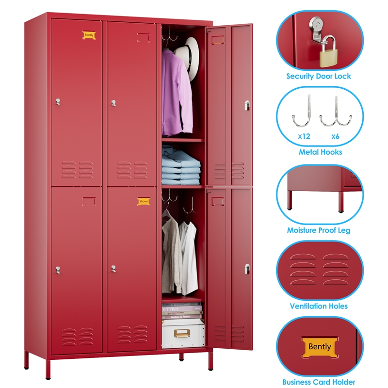 Pemberly Row Metal 6 Door Lockers for Multi-purpose Use in Red
