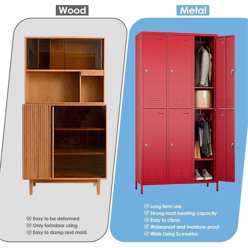 Pemberly Row Metal 6 Door Lockers for Multi-purpose Use in Red