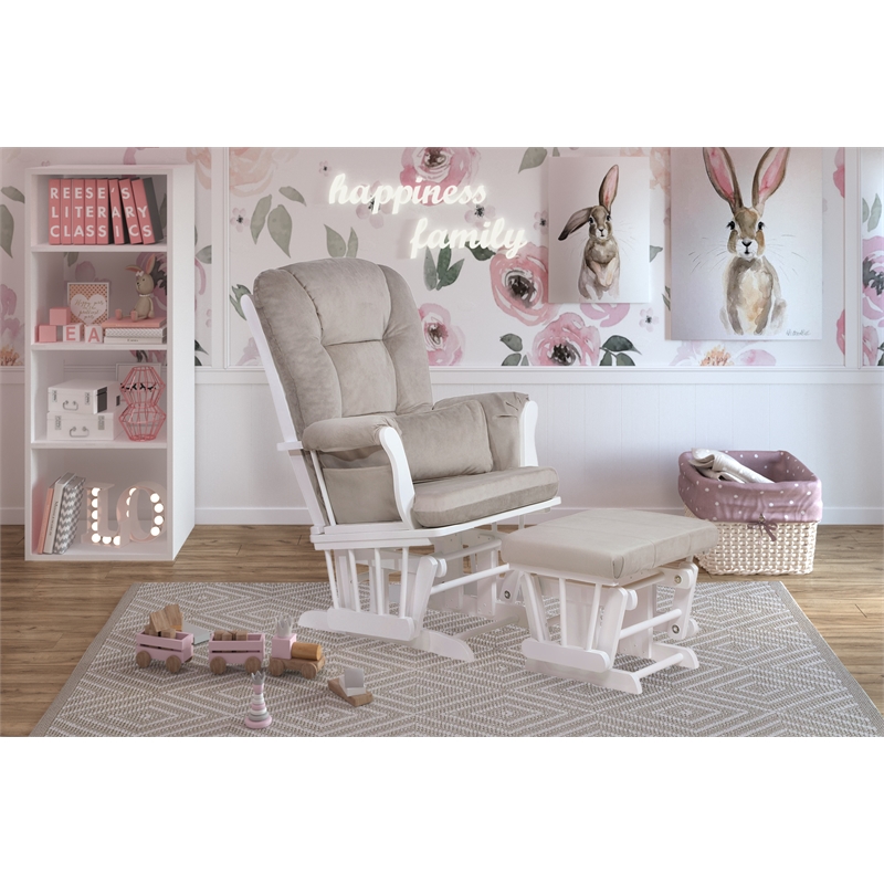 Pemberly Row Solid Wood Glider Chair and Ottoman with Pillow in White