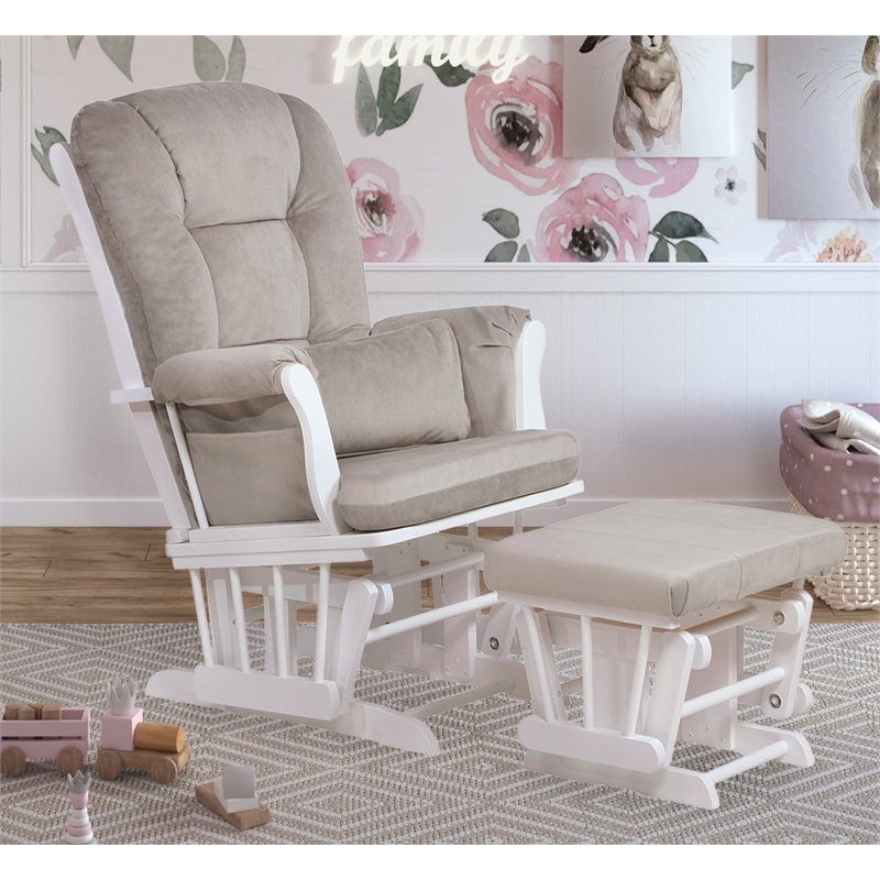 Pemberly Row Solid Wood Glider Chair and Ottoman with Pillow in White