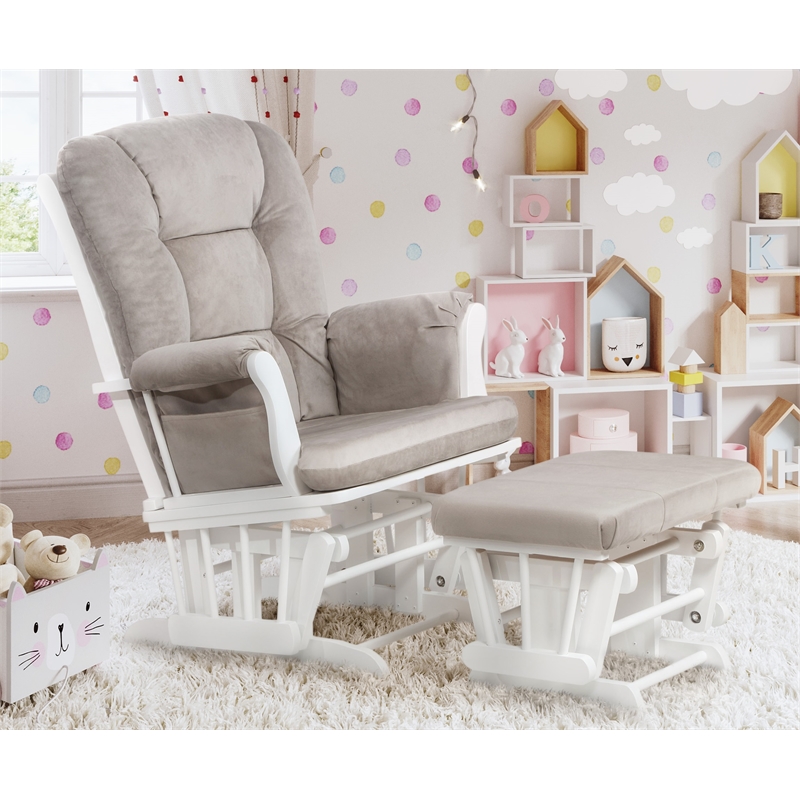 Pemberly Row Contemporary Solid Wood Glider Chair and Ottoman in White