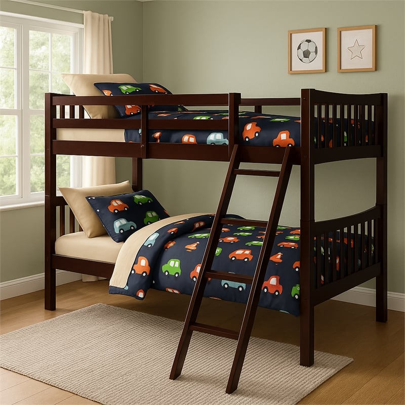 Pemberly Row Contemporary Twin Over Twin Bunk Bed in Espresso