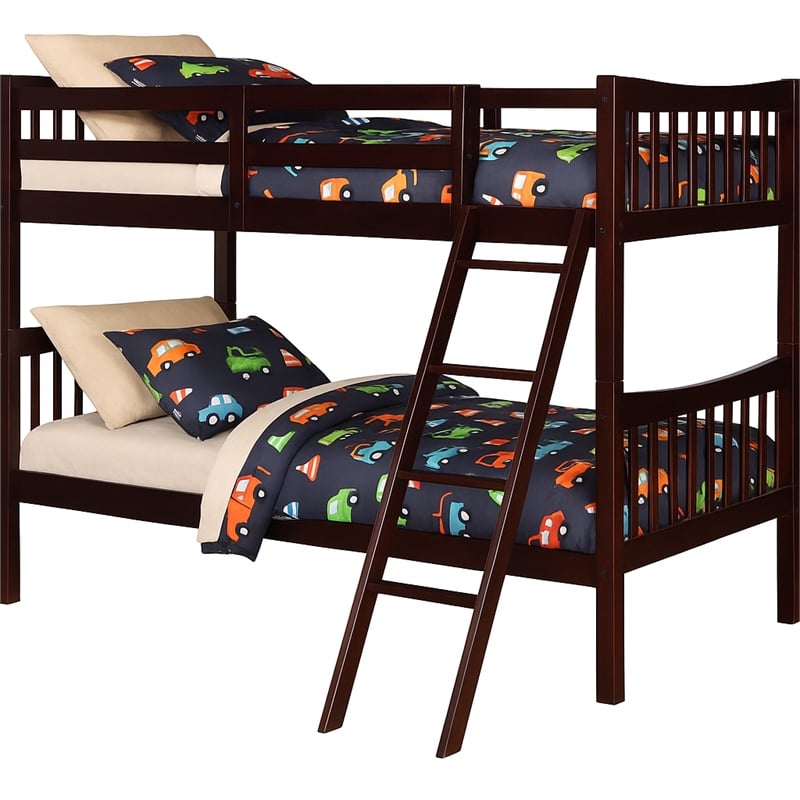 Pemberly Row Contemporary Twin Over Twin Bunk Bed in Espresso