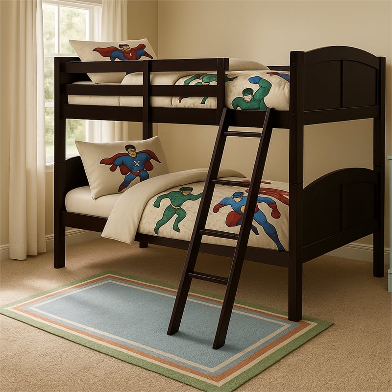 Pemberly Row Contemporary Twin Over Twin Bunk Bed in Espresso