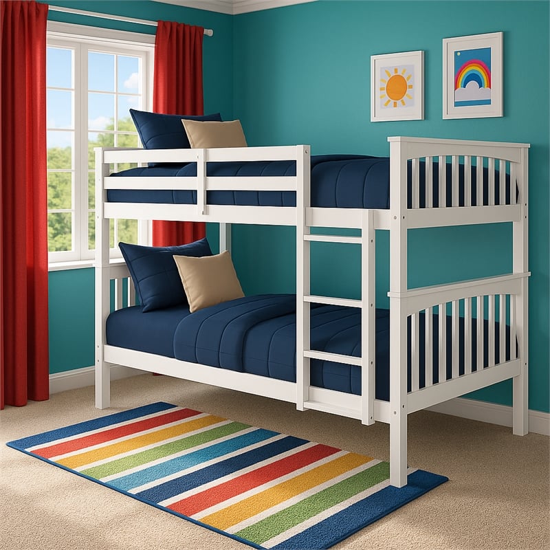 Pemberly Row Contemporary Twin Over Twin Bunk Bed in White Finish