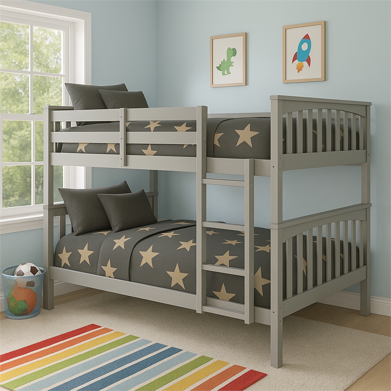 Pemberly Row Contemporary Twin Over Twin Bunk Bed in Gray Finish