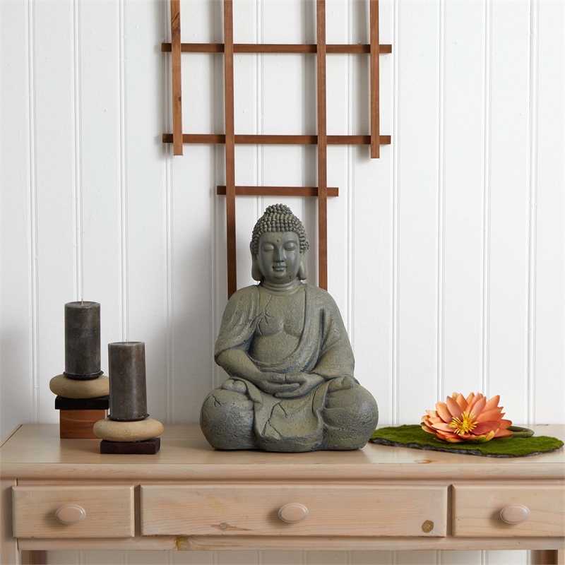 Pemberly Row Indoor/Outdoor Fiber Clay Full Buddha Pose Statue in Gray