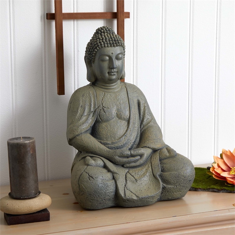 Pemberly Row Indoor/Outdoor Fiber Clay Full Buddha Pose Statue in Gray