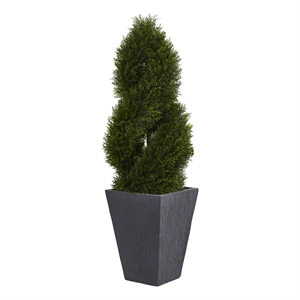 Pemberly Row 48&quot Cypress Double Spiral Topiary Artificial Tree - Slate Planter