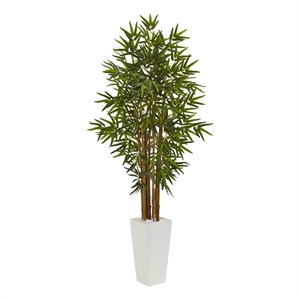 Pemberly Row 60&quot Bamboo Artificial Tree in White Tower Planter in Green/White