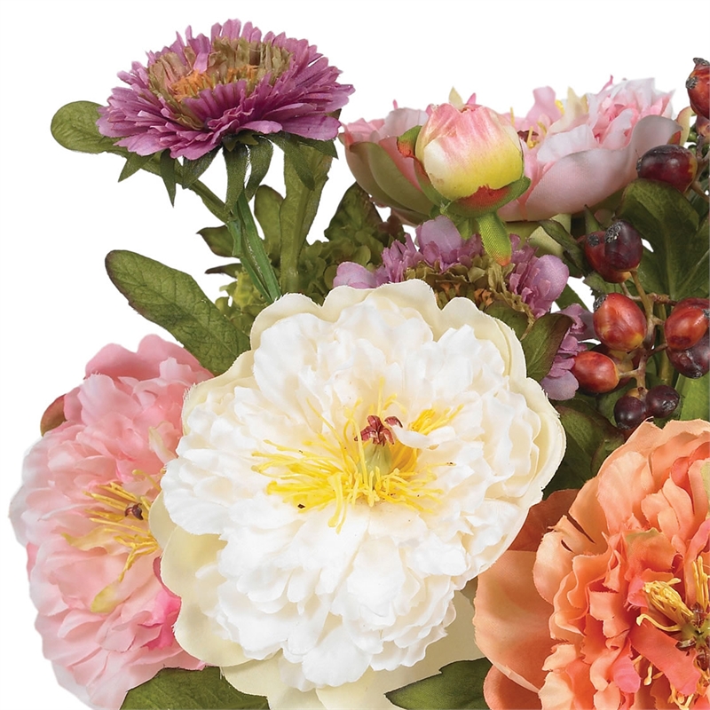 Pemberly Row Peony Silk Arrangement with Glass Vase in Multi-Color/Clear