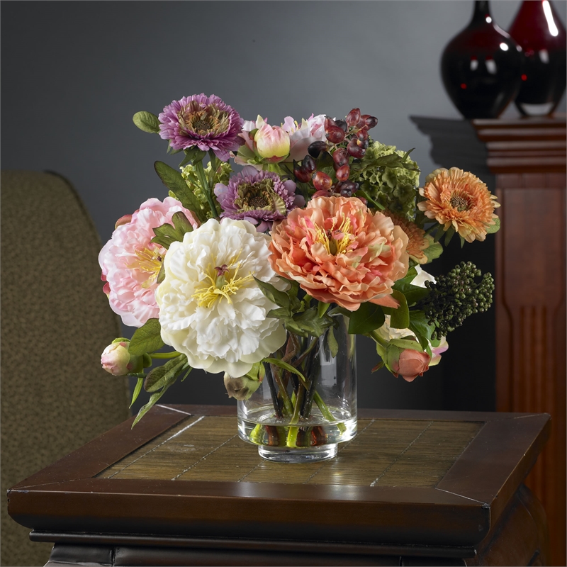 Pemberly Row Peony Silk Arrangement with Glass Vase in Multi-Color/Clear