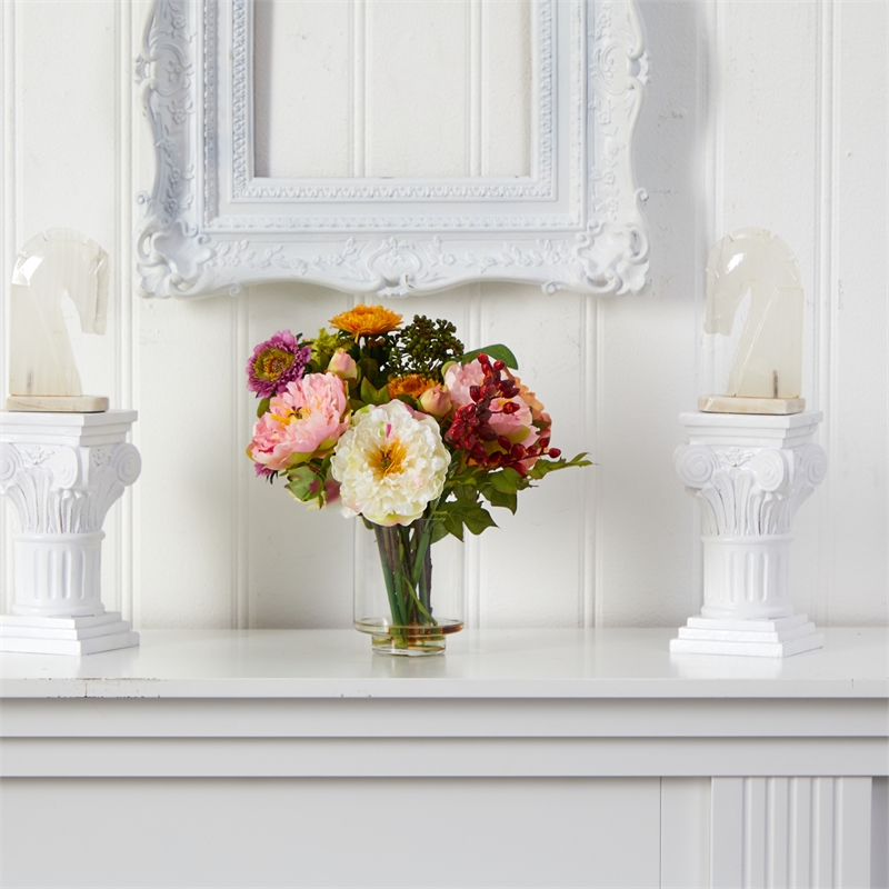 Pemberly Row Peony Silk Arrangement with Glass Vase in Multi-Color/Clear