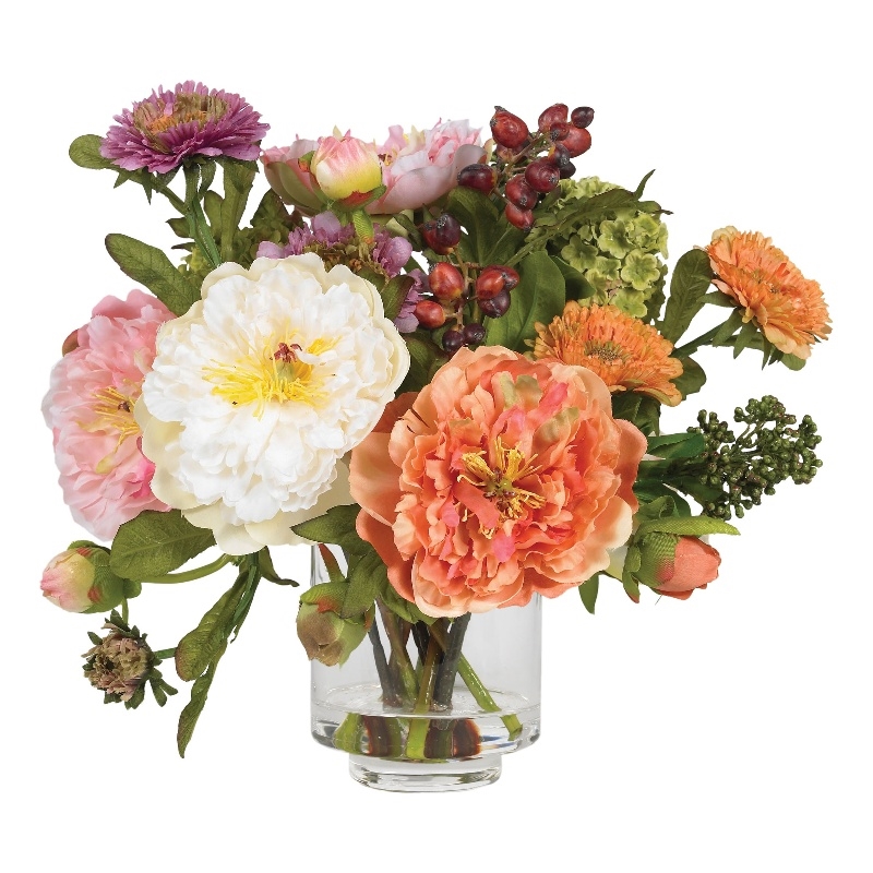 Pemberly Row Peony Silk Arrangement with Glass Vase in Multi-Color/Clear