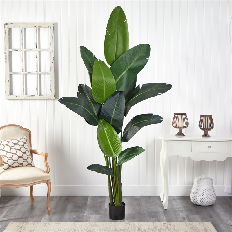 Pemberly Row Travelers Palm Artificial Tree with Upward Leaves in Green/Black