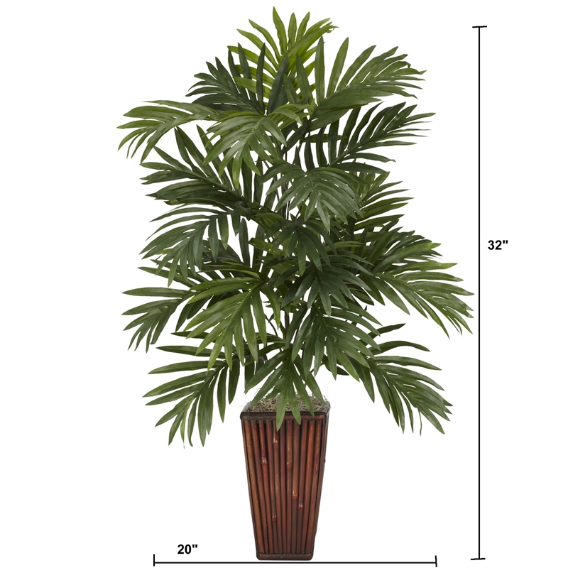 Pemberly Row Areca Palm with Bamboo Vase Silk Plant in Green/Brown