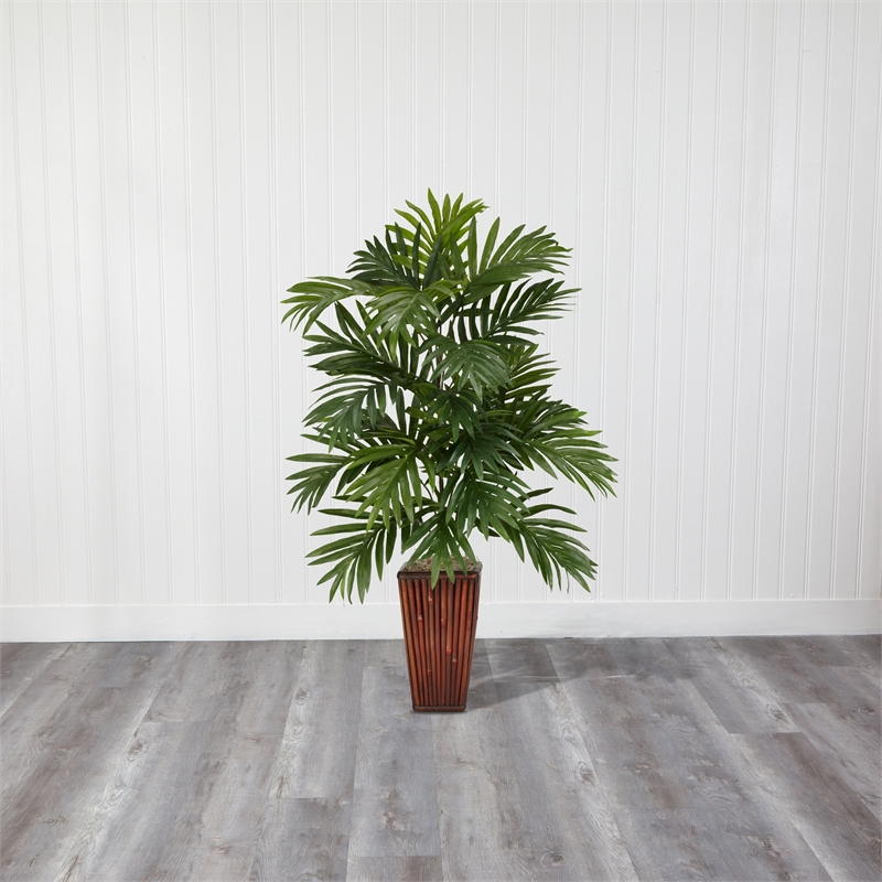 Pemberly Row Areca Palm with Bamboo Vase Silk Plant in Green/Brown