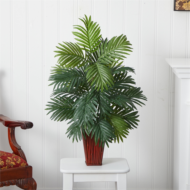 Pemberly Row Areca Palm with Bamboo Vase Silk Plant in Green/Brown