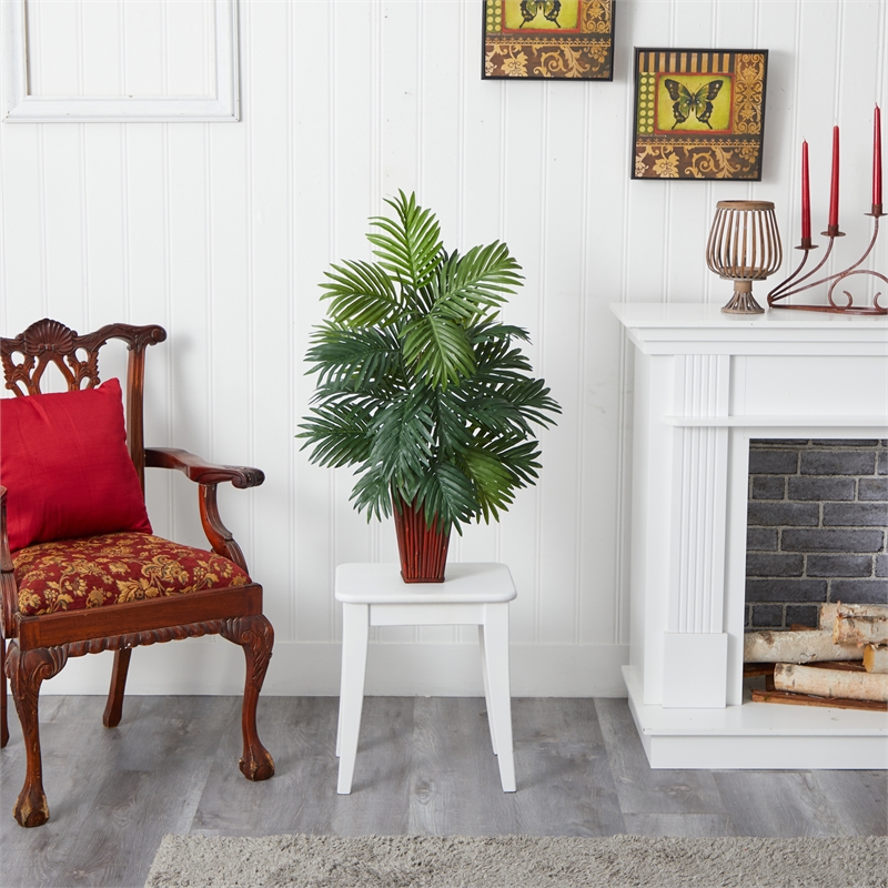 Pemberly Row Areca Palm with Bamboo Vase Silk Plant in Green/Brown