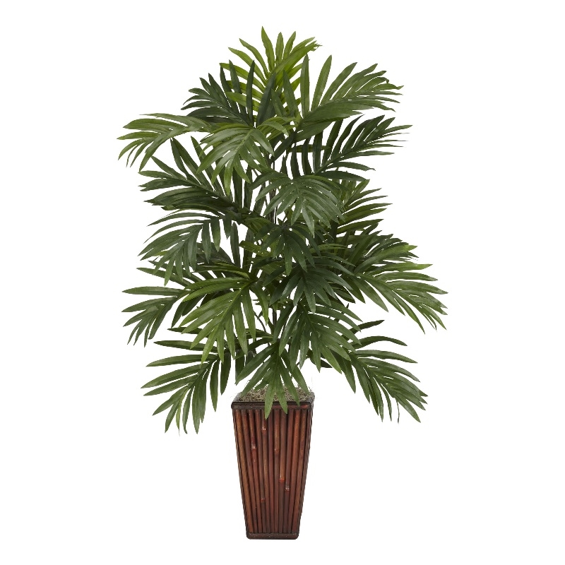 Pemberly Row Areca Palm with Bamboo Vase Silk Plant in Green/Brown