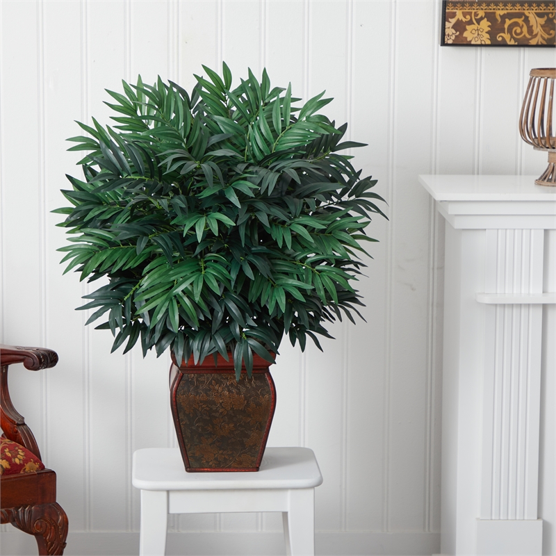 Pemberly Row Double Bamboo Palm with Decor Planter Silk Plant in Green/Brown
