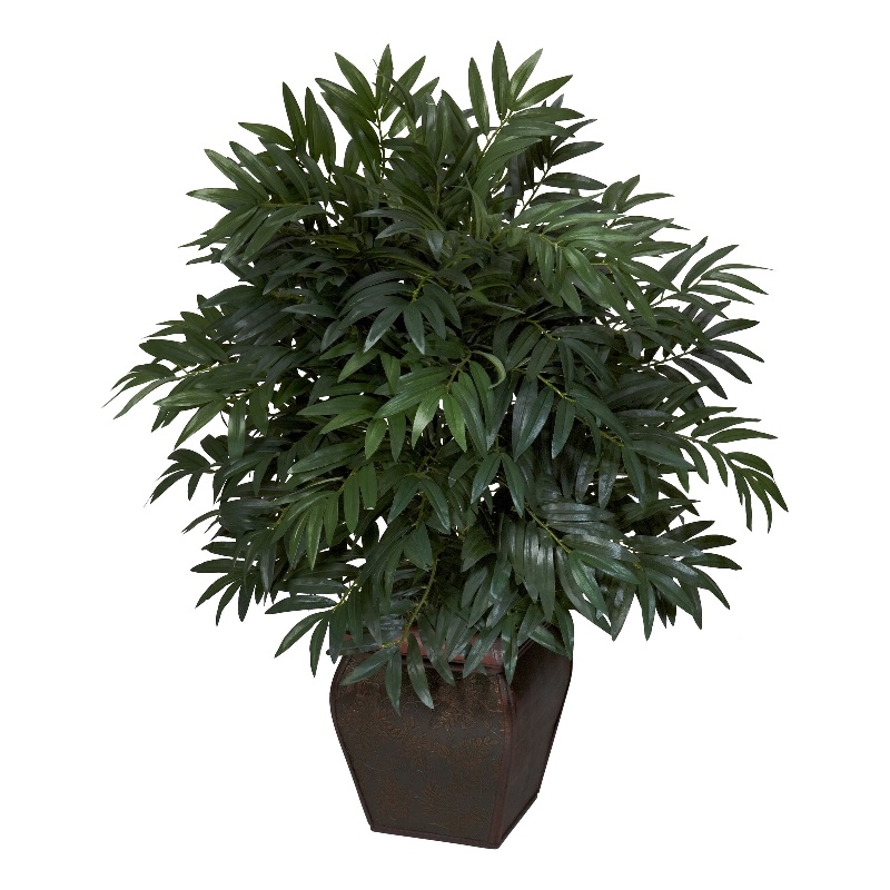 Pemberly Row Double Bamboo Palm with Decor Planter Silk Plant in Green/Brown
