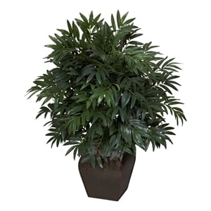 Pemberly Row Double Bamboo Palm with Decor Planter Silk Plant in Green/Brown