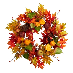 Pemberly Row 24&quot Autumn Maple Leaf and Berries Fall Artificial Wreath - Orange
