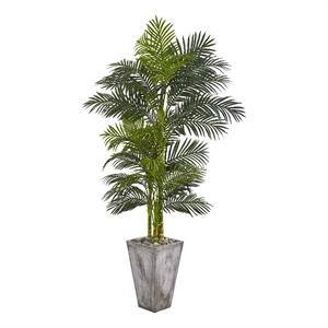 Pemberly Row 84&quot Golden Cane Artificial Palm Tree in Cement Planter