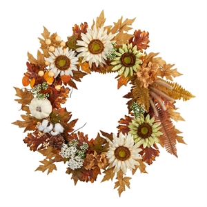 Pemberly Row 30&quot Autumn Sunflower/White Pumpkin & Berries Artificial Fall Wreath