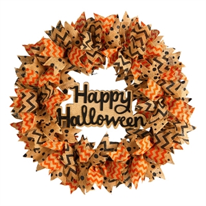 Pemberly Row 30&quot Spooky Halloween Burlap Ribbon Wreath in Orange