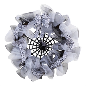 Pemberly Row 26&quot Halloween Spider Web Mesh Wreath with Decorative Bows - Black
