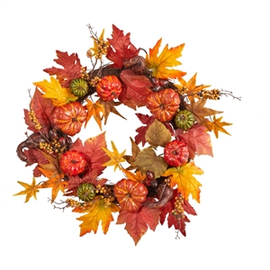 Pemberly Row 24&quot Autumn Pumpkin and Berries Artificial Fall Wreath in Orange