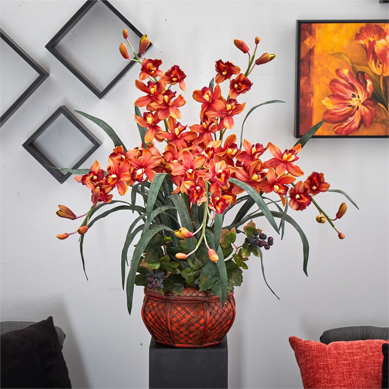 Pemberly Row Cymbidium with Decorative Vase Silk Arrangement in Red/Burgundy